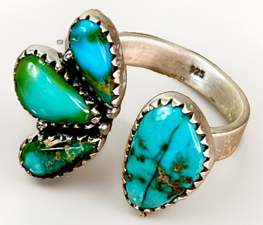 Southwestern Golden Hills Turquoise Sterling Silver 925 Bypass Cluster Ring Adj